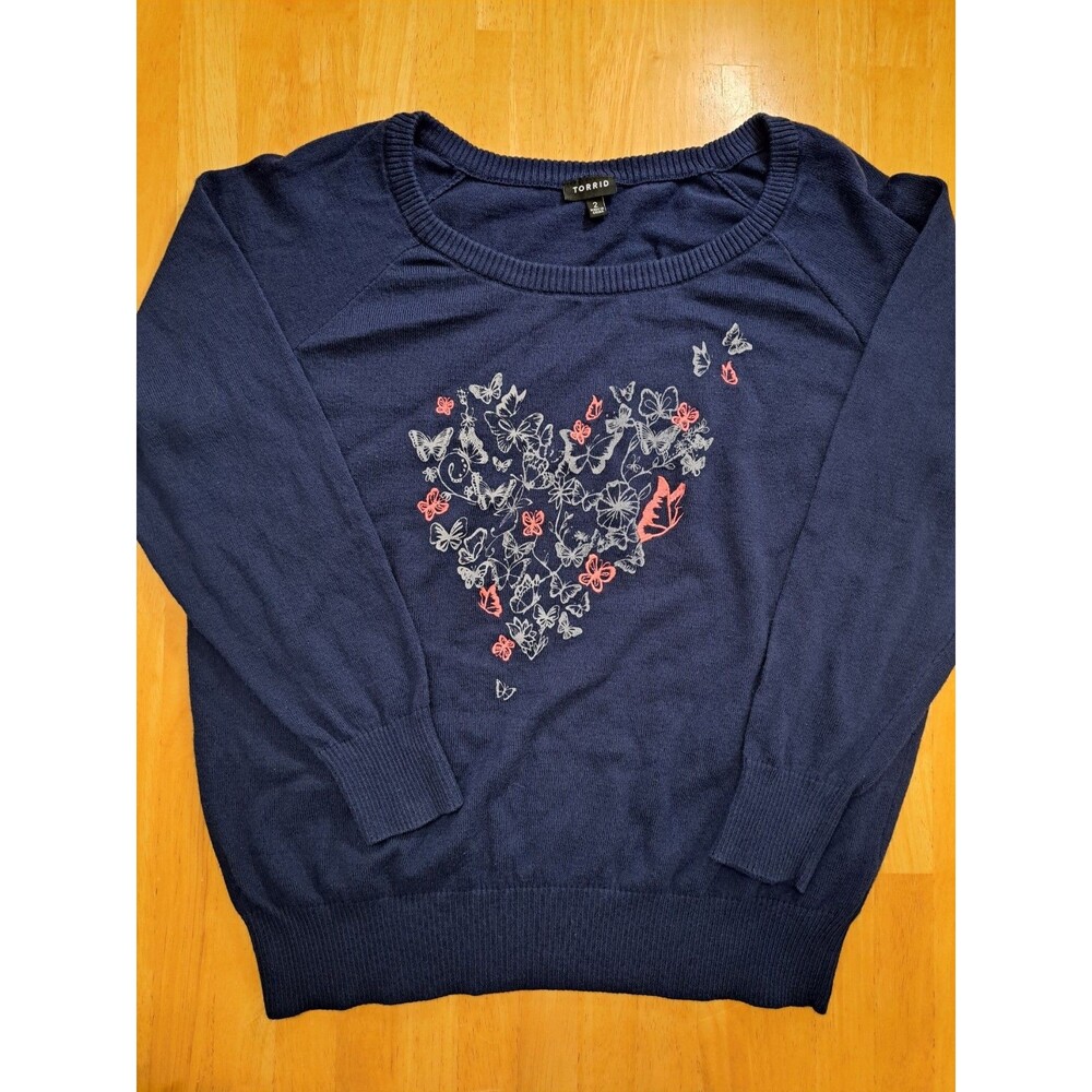 torrid Navy Scoop Neck Sweater with Butterfly Heart Design